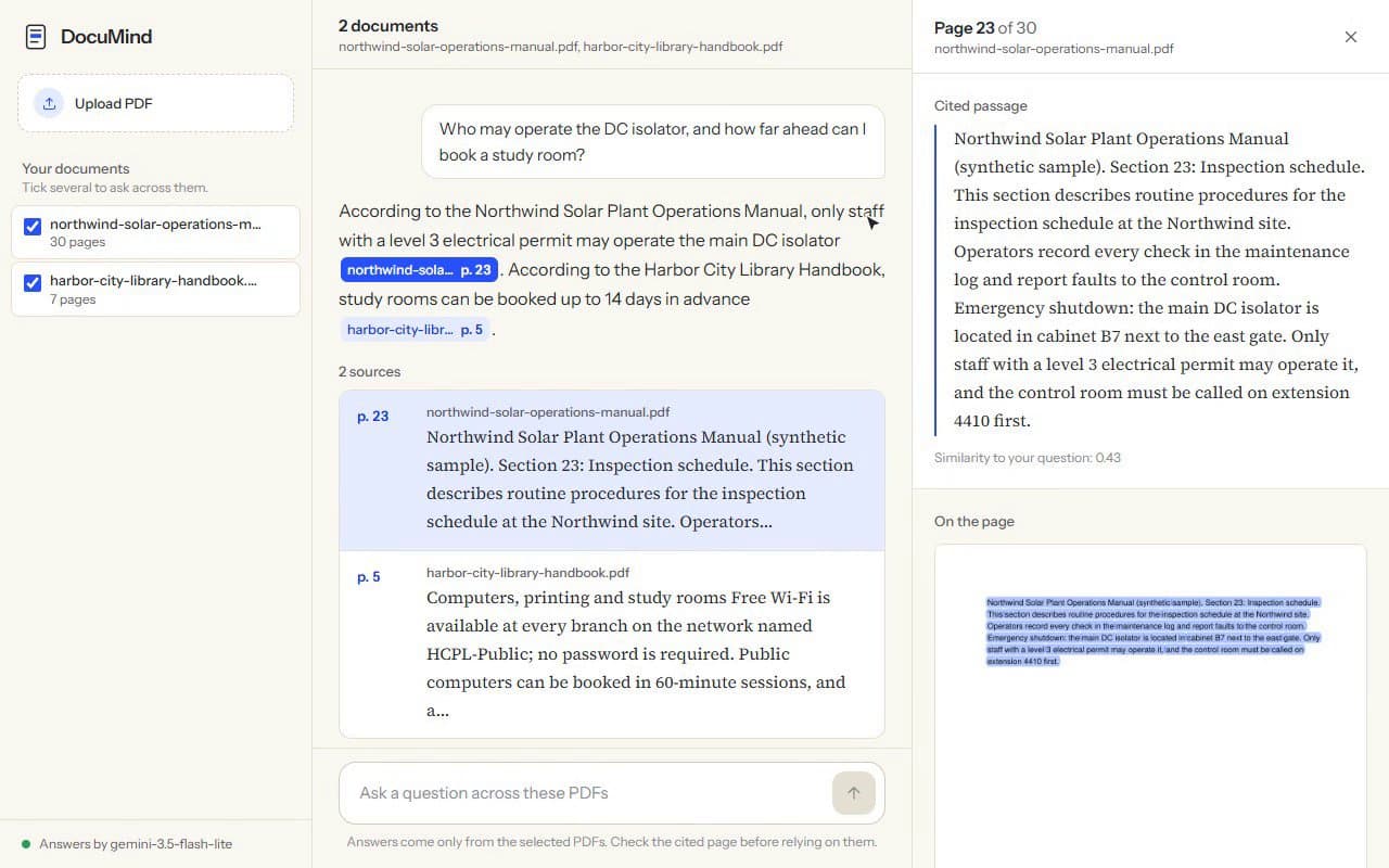 One question answered across two PDFs, each citation naming its document and page, with the cited passage shown beside the answer