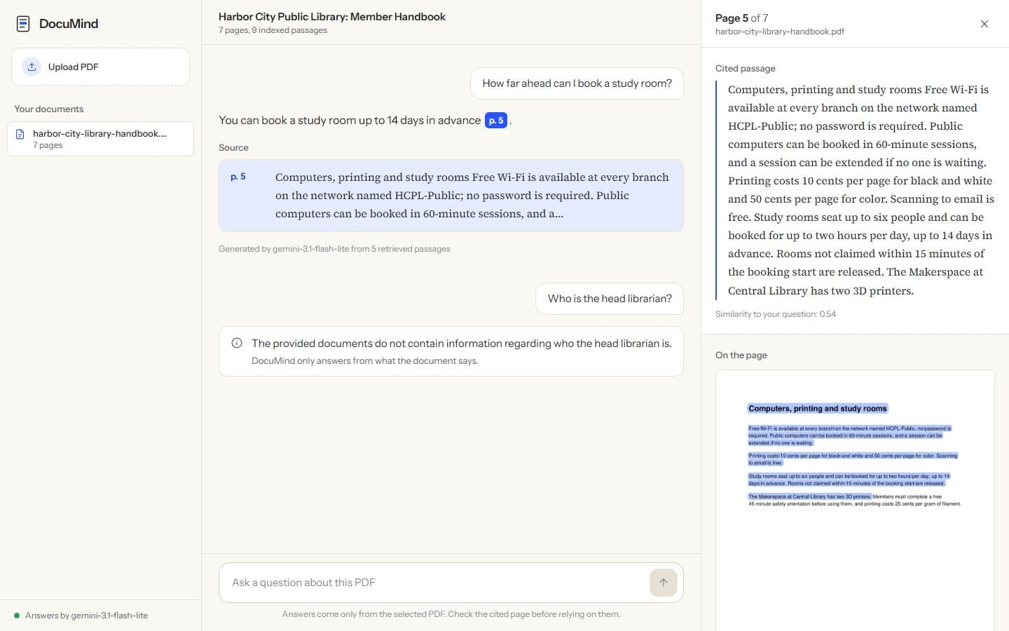 DocuMind answering “How far ahead can I book a study room?” with a page 5 citation, the cited passage and the page with it highlighted, and declining “Who is the head librarian?” because the handbook doesn’t say