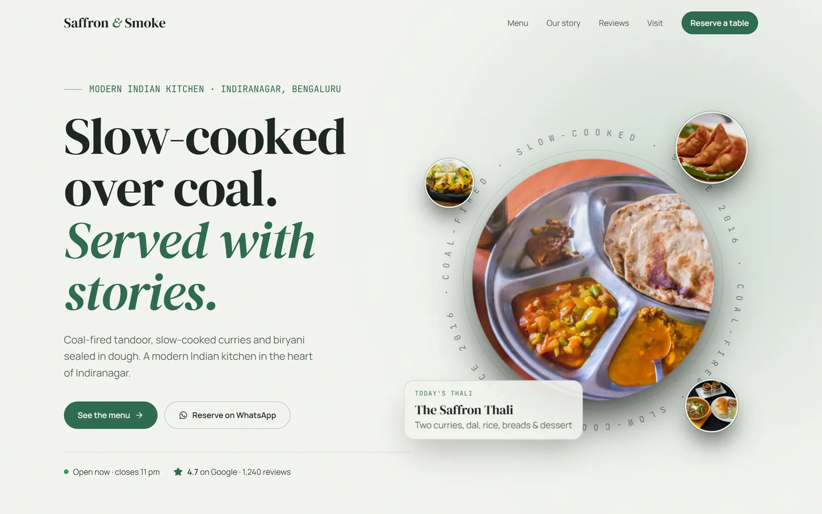 The Saffron & Smoke template in its Matcha theme on a desktop screen: pale green with deep green accents.