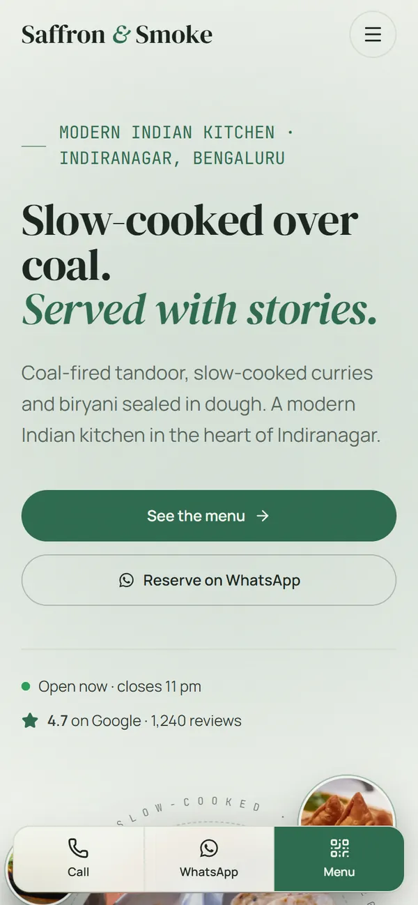 The Saffron & Smoke template in its Matcha theme on a phone.
