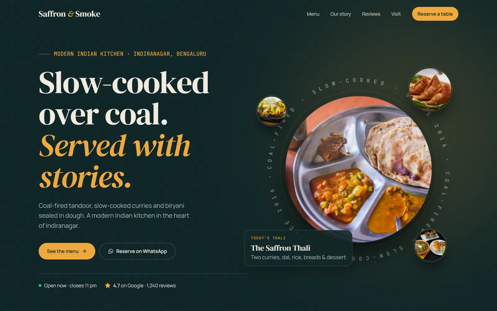 The Saffron & Smoke template in its Peacock theme on a desktop screen: deep teal, with the headline “Slow-cooked over coal. Served with stories.” beside a photograph of a thali.