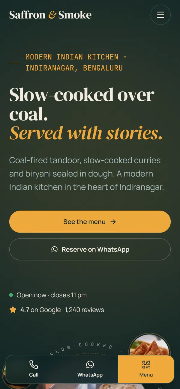 The Saffron & Smoke template in its Peacock theme on a phone, with Call, WhatsApp and Menu buttons along the bottom.