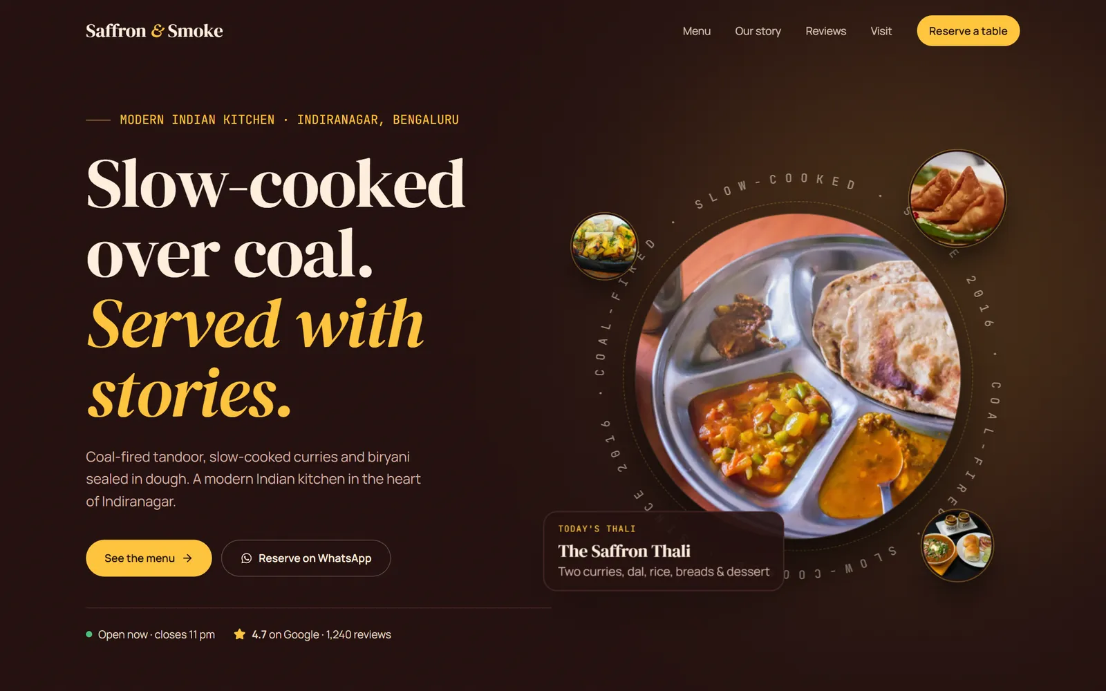 The Saffron & Smoke template in its Tamarind theme on a desktop screen: dark maroon with bright yellow accents.