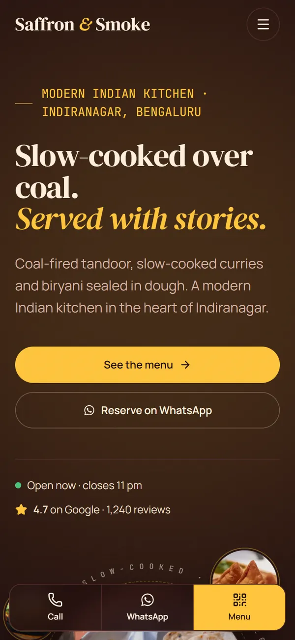 The Saffron & Smoke template in its Tamarind theme on a phone.