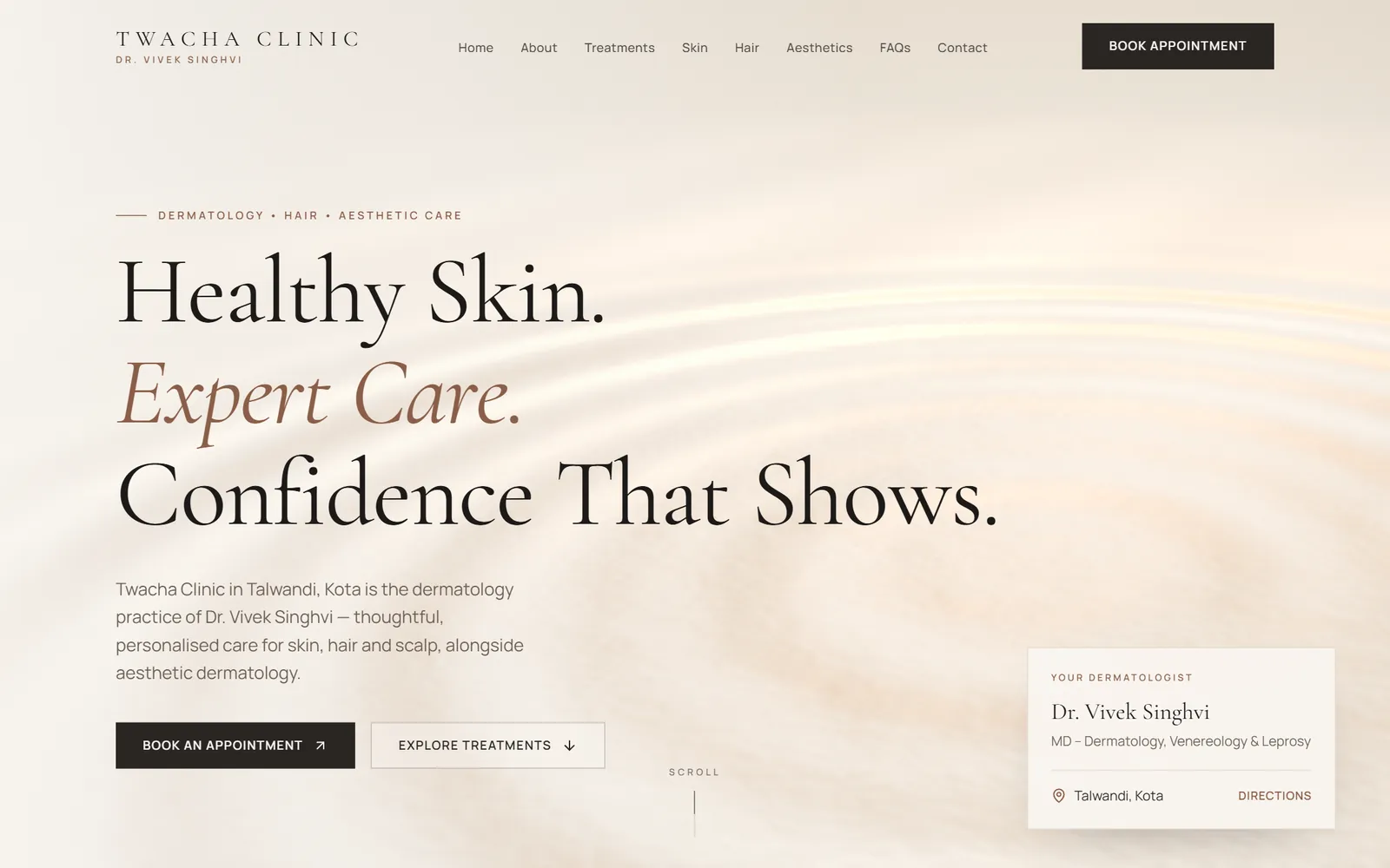 The Twacha Clinic template on a desktop screen: a cream satin hero with the headline “Healthy Skin. Expert Care. Confidence That Shows.”