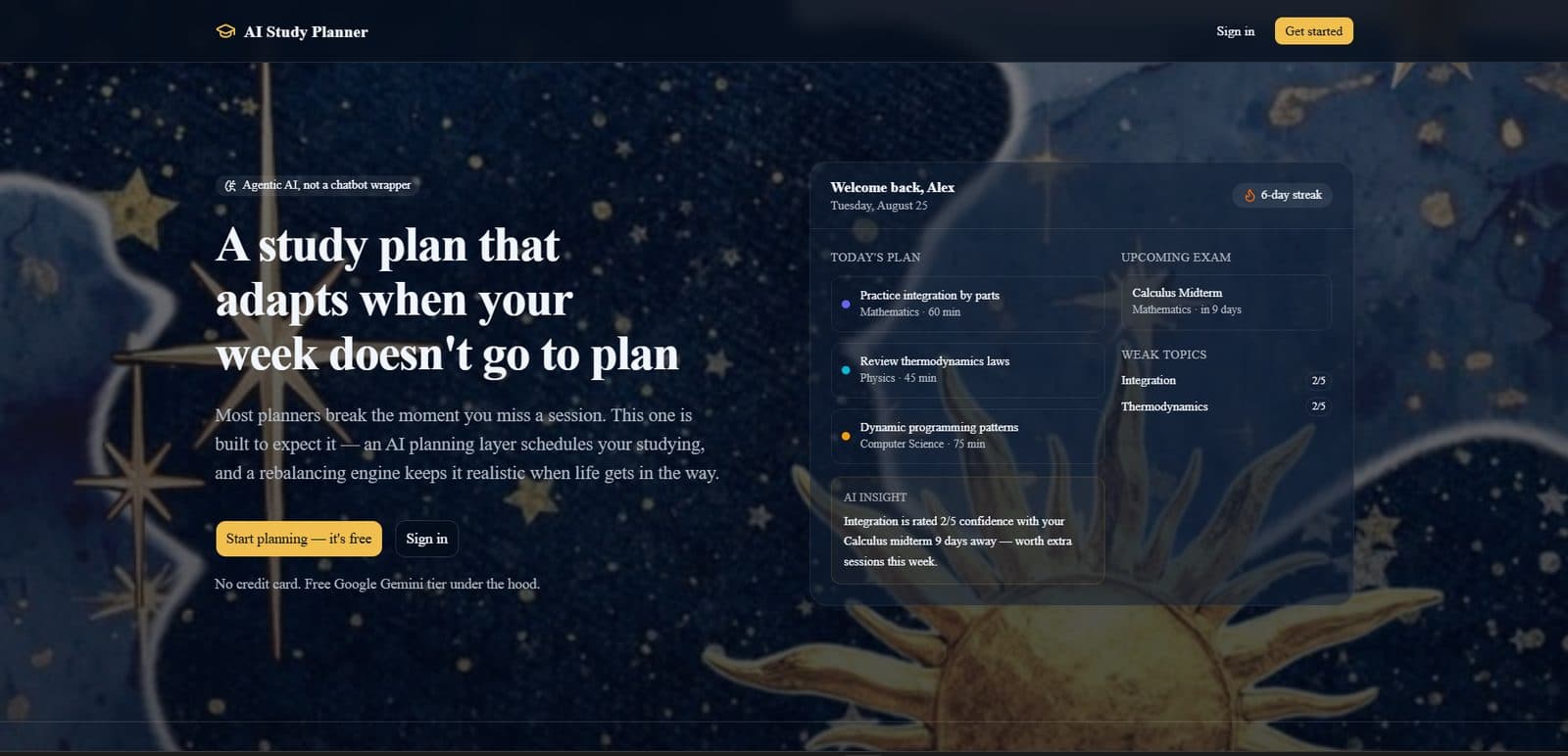 The AI Study Planner landing page — an adaptive study plan and the day’s schedule