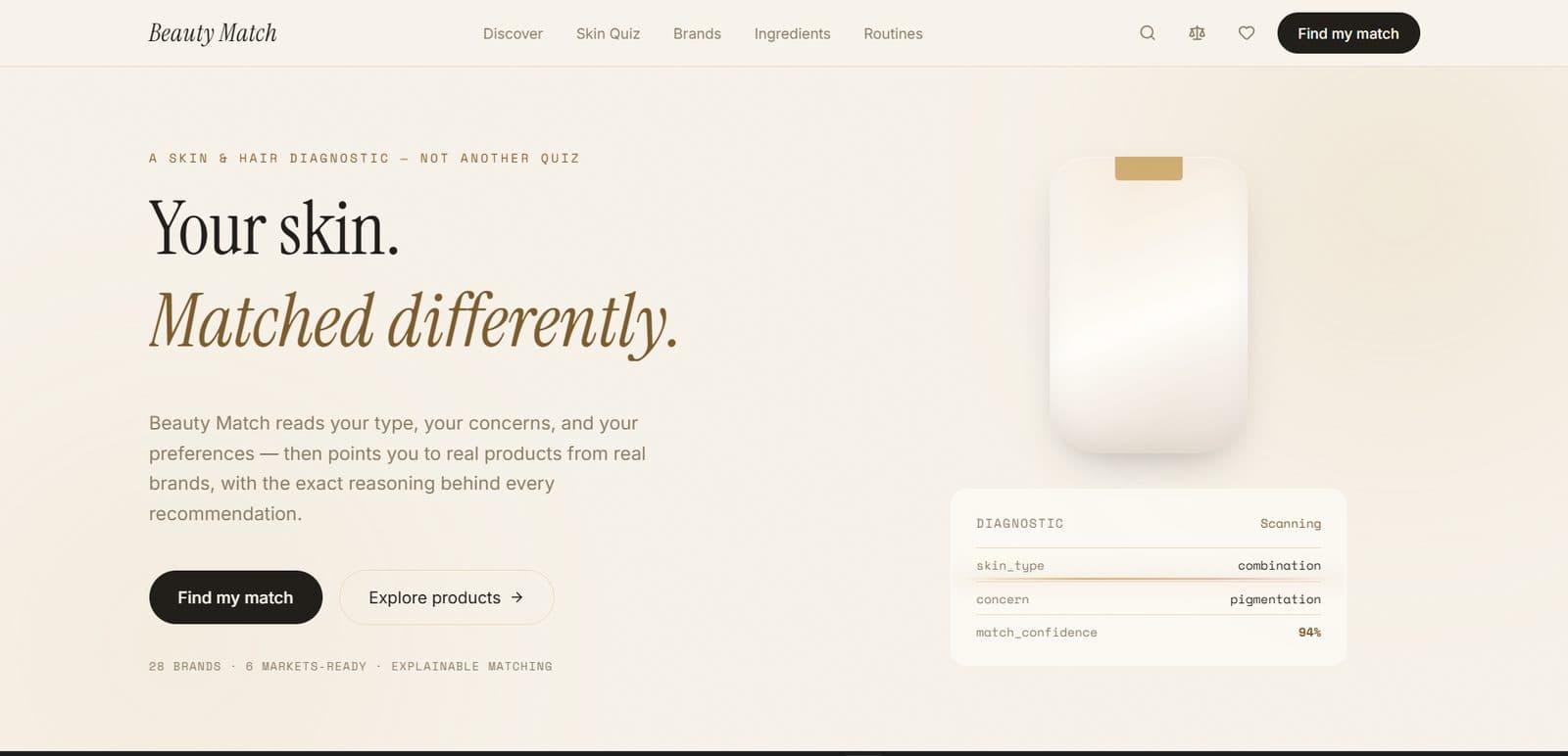 Beauty Match — the landing page and its live diagnostic panel